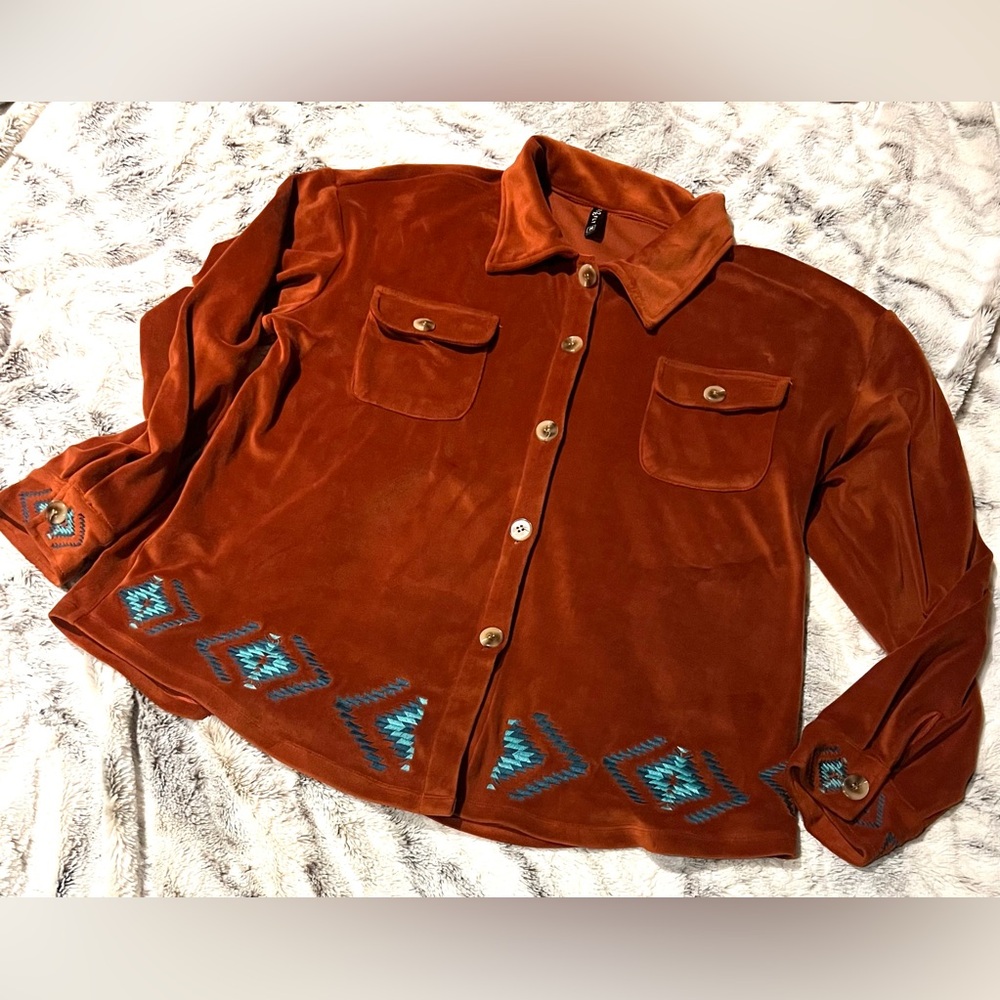Rust Velvet Button-Up Shirt with Marbled Button